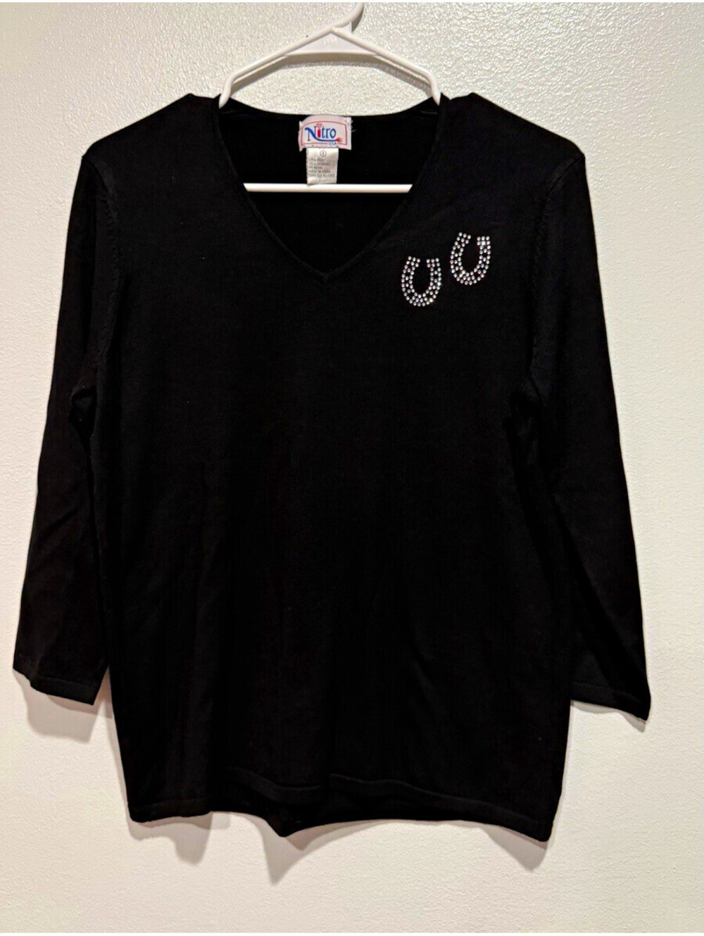 Nitro USA Black SILK BLEND V-Neck half Sleeve Knit Top Rhinestone Size S